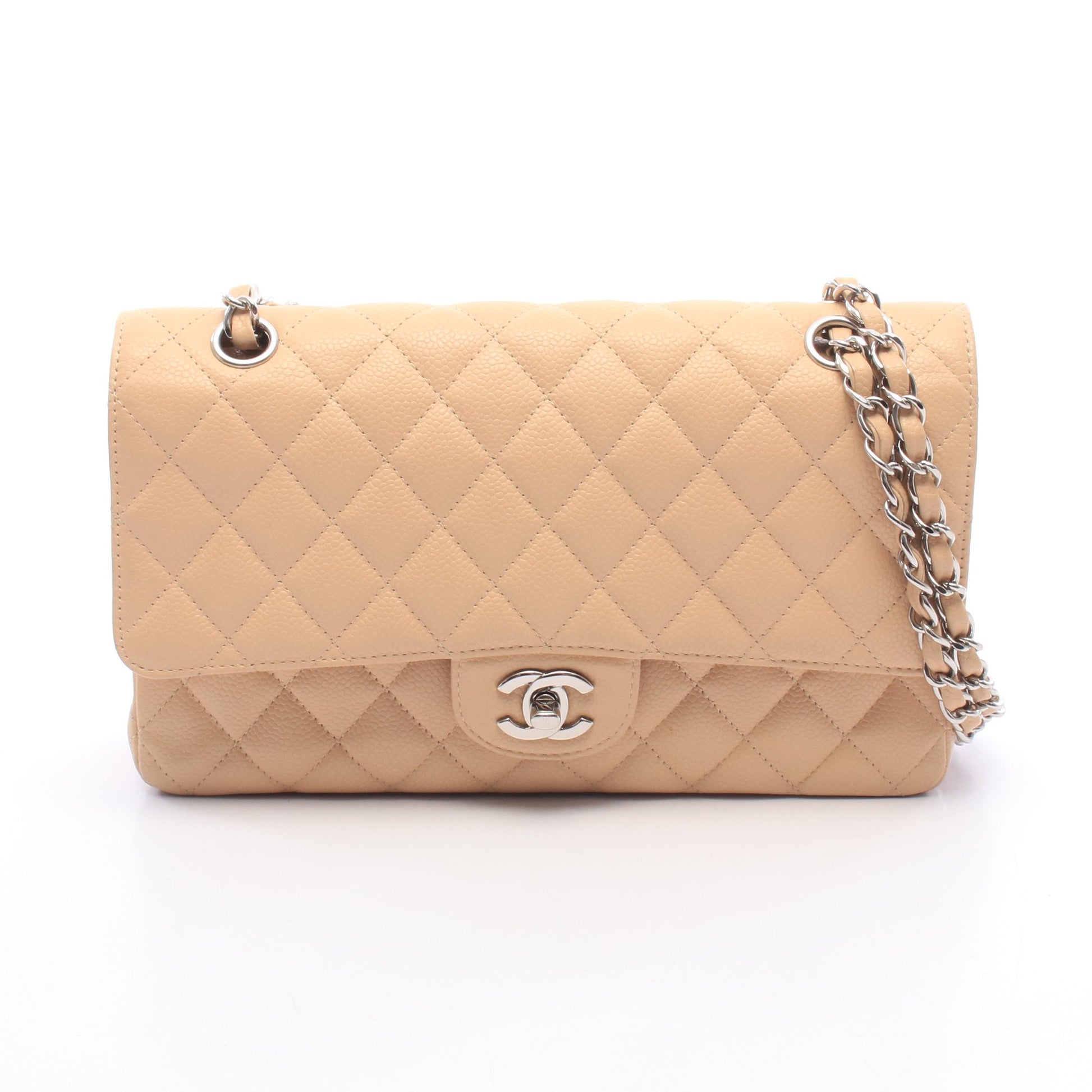 マトラッセ Wフラップ Wチェーンショルダーバッグ キャビアスキン ベージュ シルバー金具 シャネル バッグ CHANEL