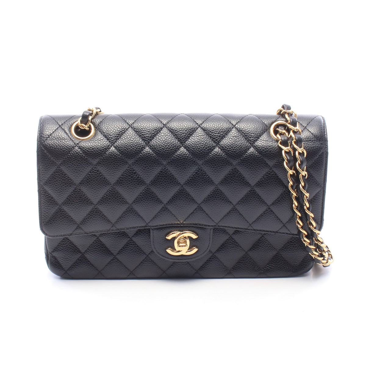 マトラッセ Wフラップ Wチェーンショルダーバッグ キャビアスキン ブラック ゴールド金具 シャネル バッグ CHANEL