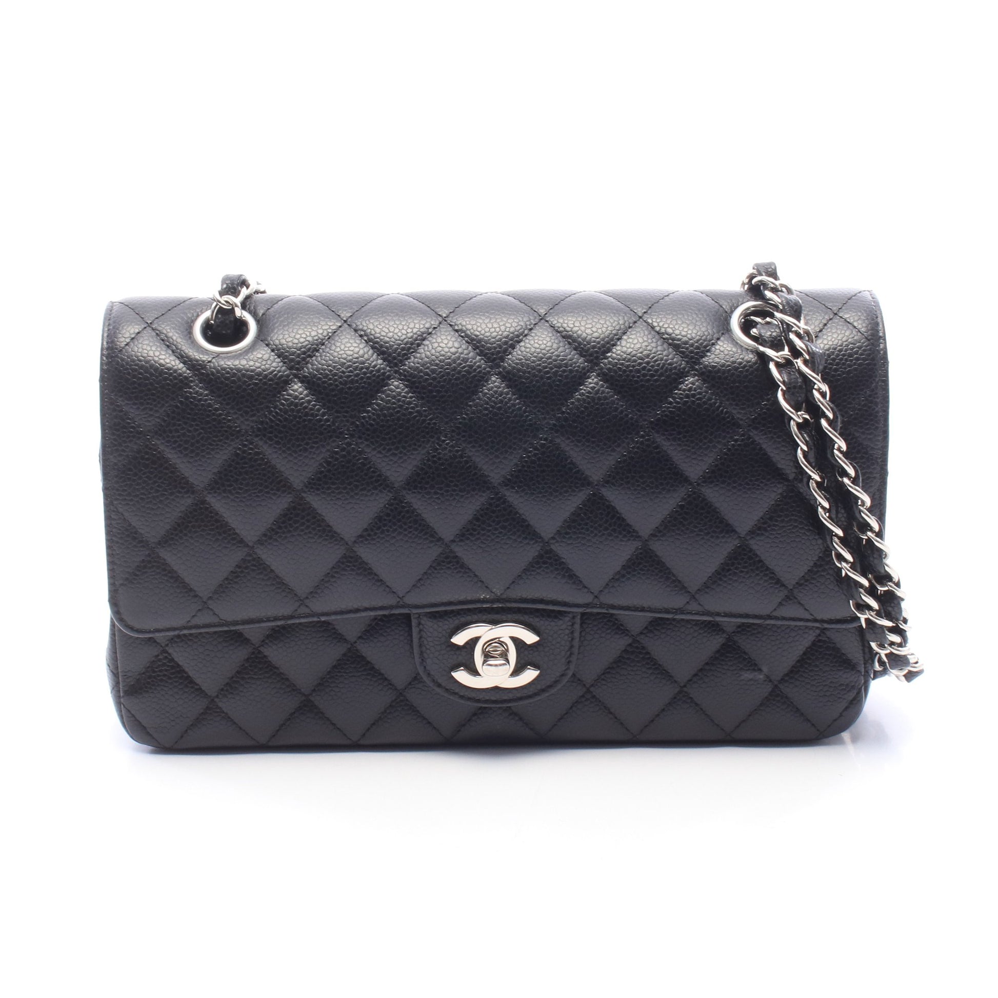 マトラッセ Wフラップ Wチェーンショルダーバッグ キャビアスキン ブラック シルバー金具 シャネル バッグ CHANEL