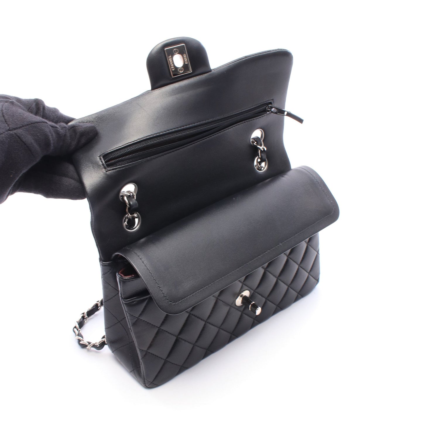 マトラッセ Wフラップ Wチェーンショルダーバッグ ラムスキン ブラック シルバー金具 シャネル バッグ CHANEL