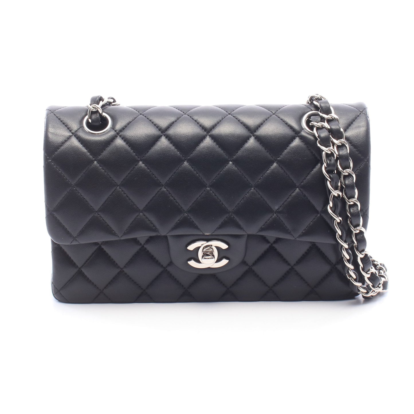 マトラッセ Wフラップ Wチェーンショルダーバッグ ラムスキン ブラック シルバー金具 シャネル バッグ CHANEL