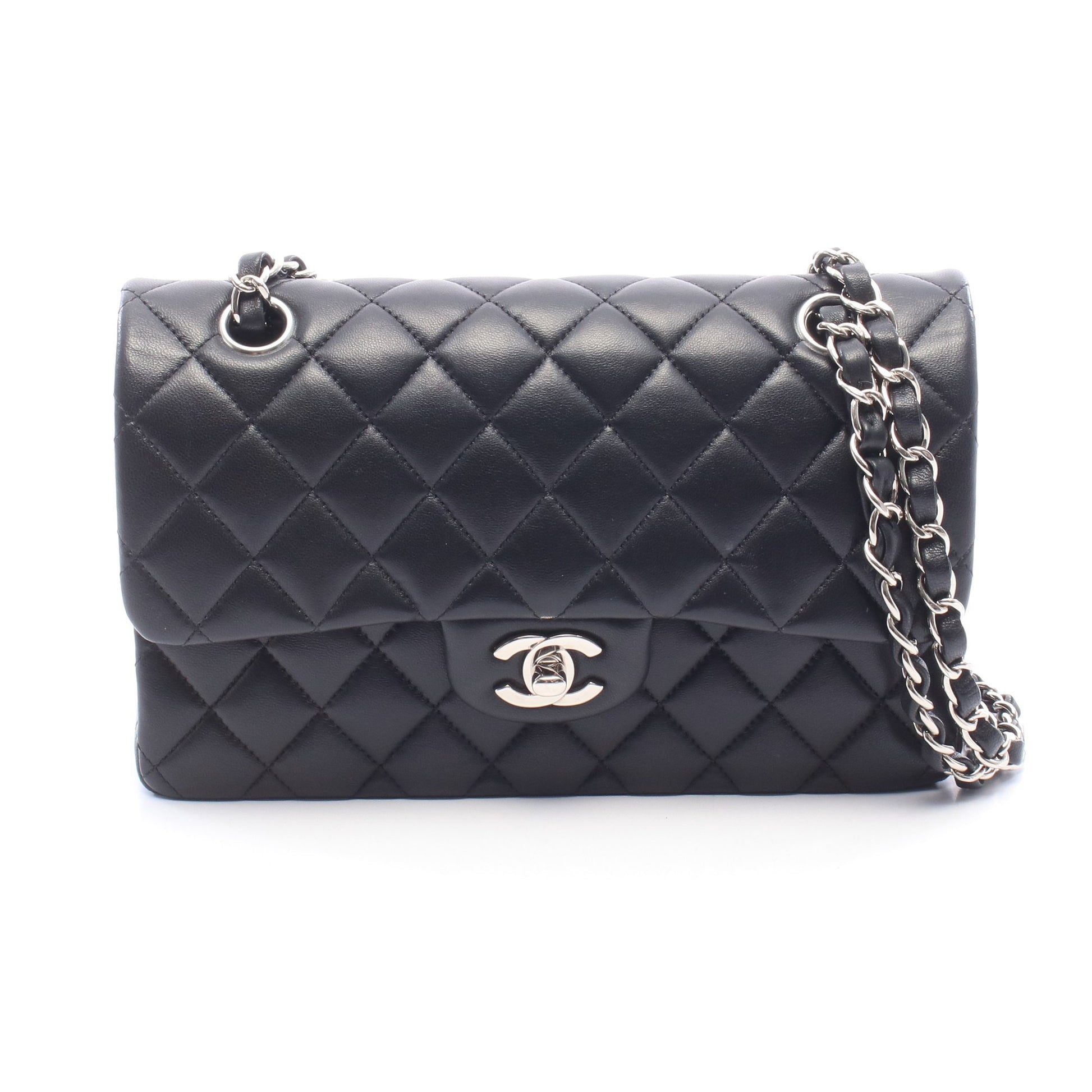 マトラッセ Wフラップ Wチェーンショルダーバッグ ラムスキン ブラック シルバー金具 シャネル バッグ CHANEL
