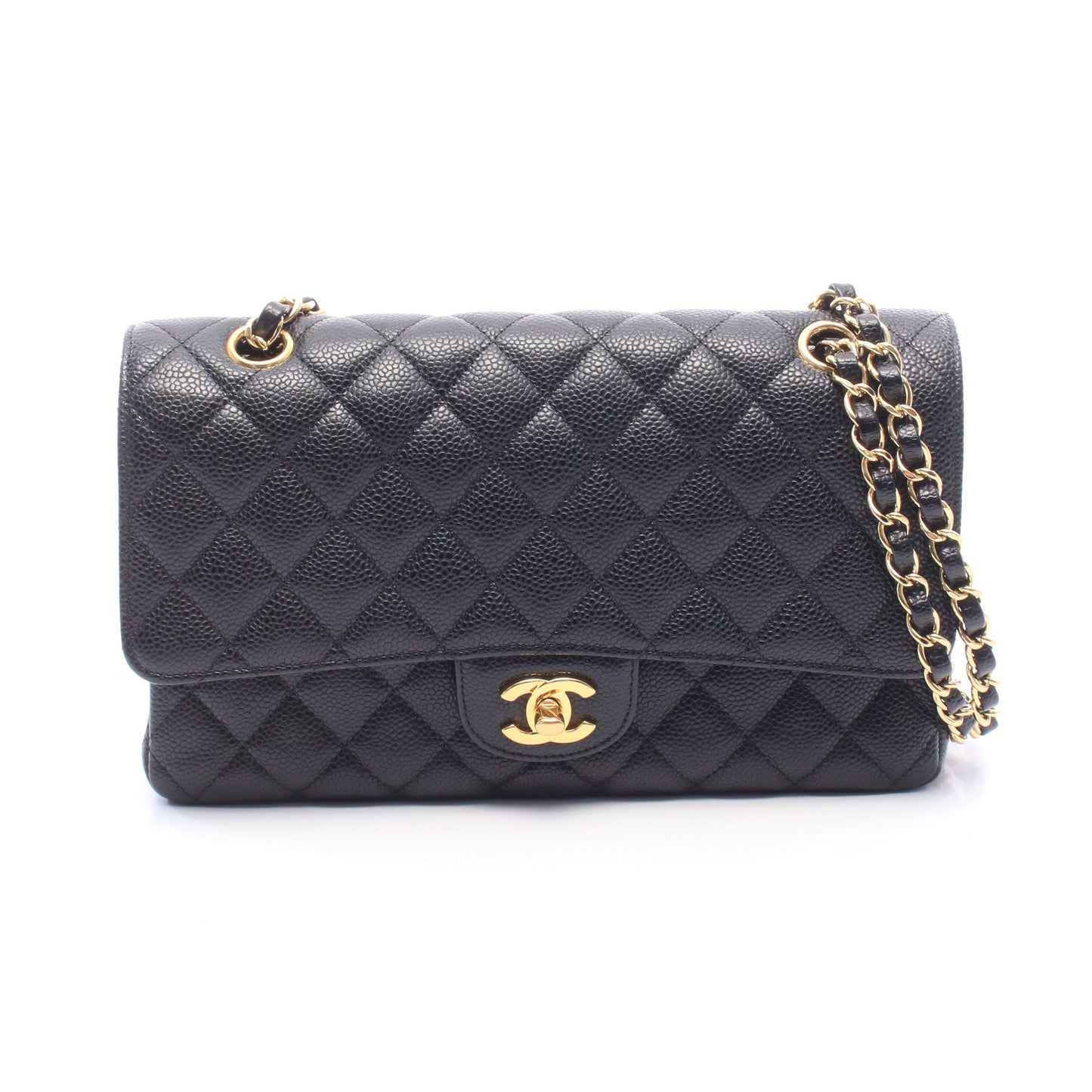 マトラッセ Wフラップ Wチェーンショルダーバッグ キャビアスキン ブラック ゴールド金具 シャネル バッグ CHANEL