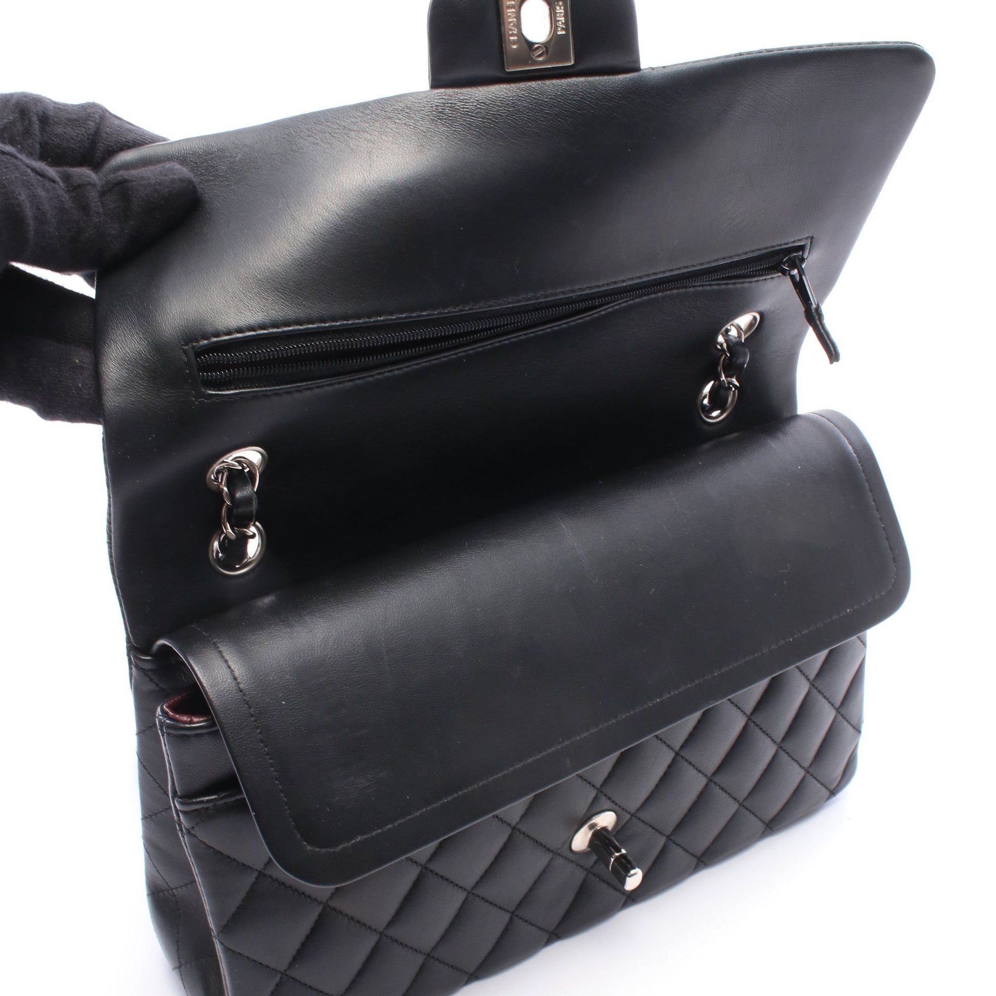 マトラッセ Wフラップ Wチェーンショルダーバッグ ラムスキン ブラック シルバー金具 シャネル バッグ CHANEL