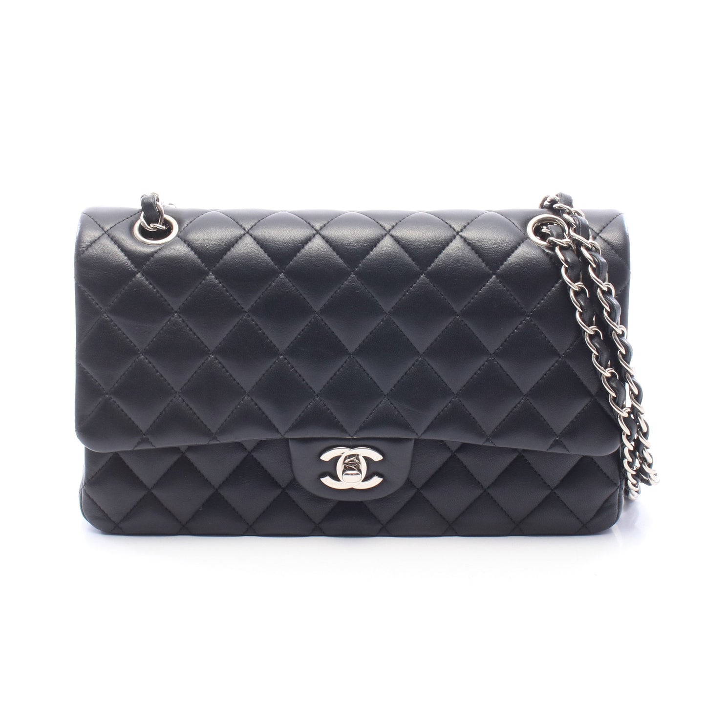 マトラッセ Wフラップ Wチェーンショルダーバッグ ラムスキン ブラック シルバー金具 シャネル バッグ CHANEL