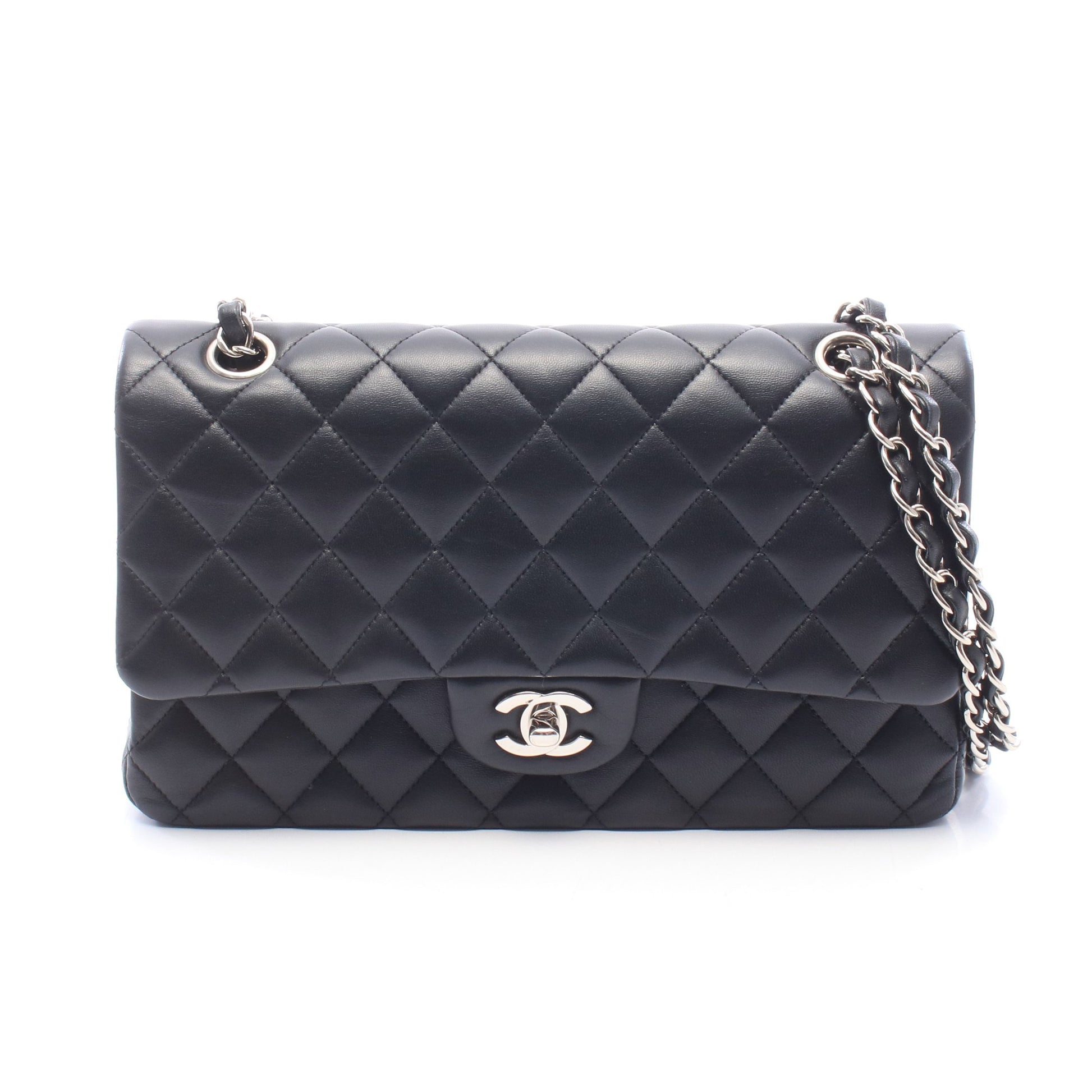 マトラッセ Wフラップ Wチェーンショルダーバッグ ラムスキン ブラック シルバー金具 シャネル バッグ CHANEL