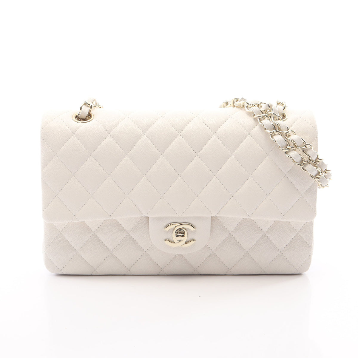 マトラッセ Wフラップ Wチェーンショルダーバッグ キャビアスキン ホワイト ゴールド金具 シャネル バッグ CHANEL