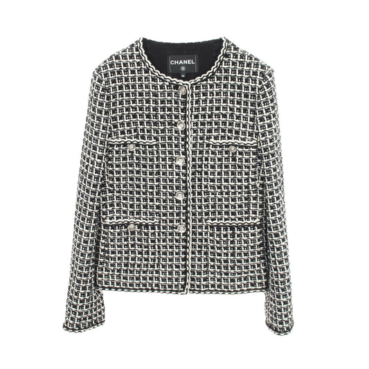 ココマークボタン ツイード ノーカラージャケット コットン ブラック ホワイト シャネル アウター CHANEL