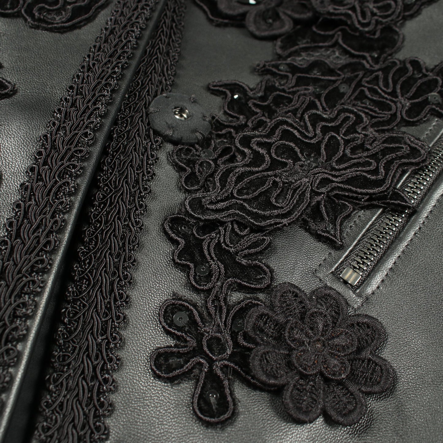 ビジュー 刺繍 切替 ノーカラージャケット コットン ラムスキン ブラック ドルチェアンドガッバーナ