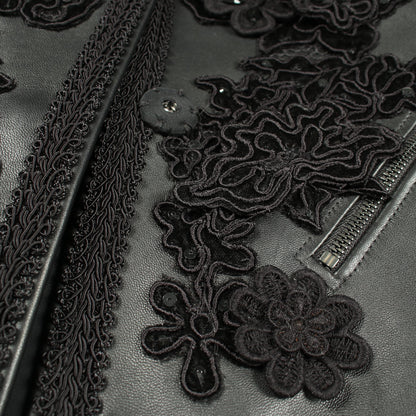 ビジュー 刺繍 切替 ノーカラージャケット コットン ラムスキン ブラック ドルチェアンドガッバーナ