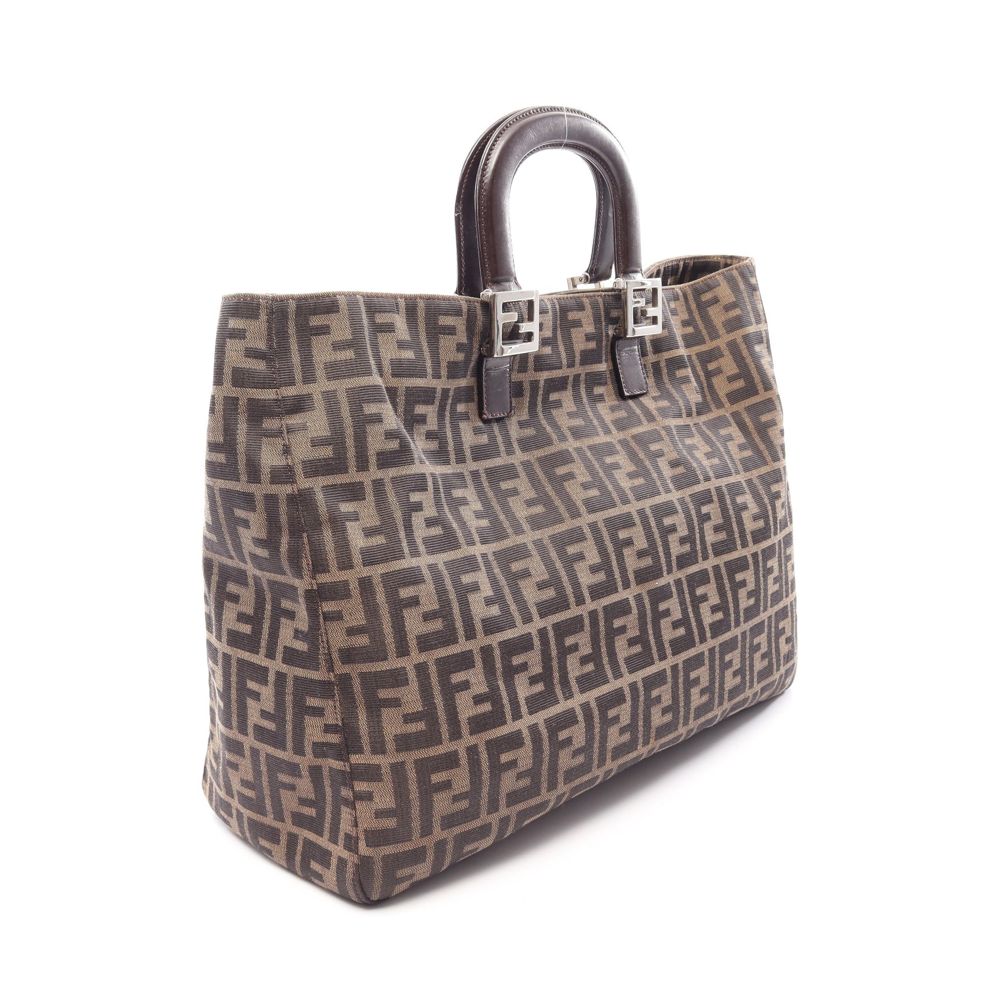 ズッカ ハンドバッグ トートバッグ キャンバス レザー ブラウン ダークブラウン フェンディ バッグ FENDI