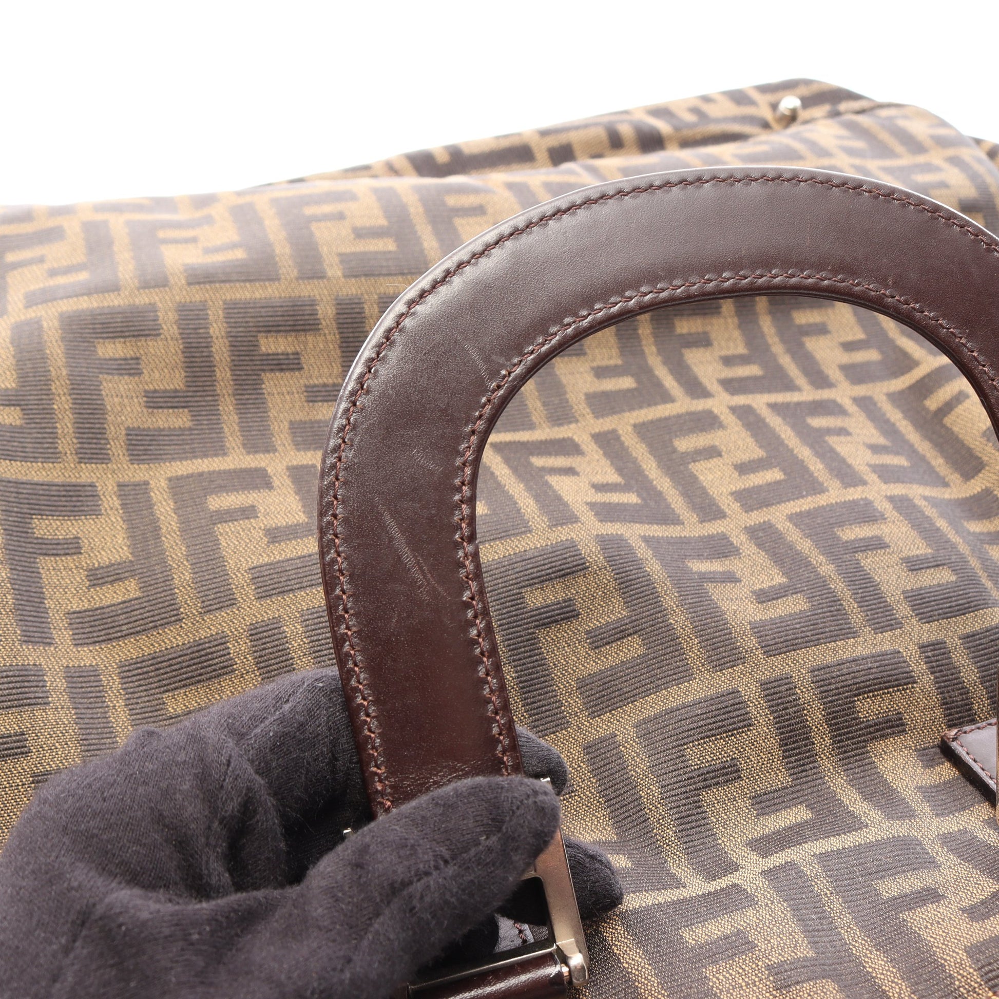 ズッカ ハンドバッグ トートバッグ キャンバス レザー ブラウン ダークブラウン フェンディ バッグ FENDI