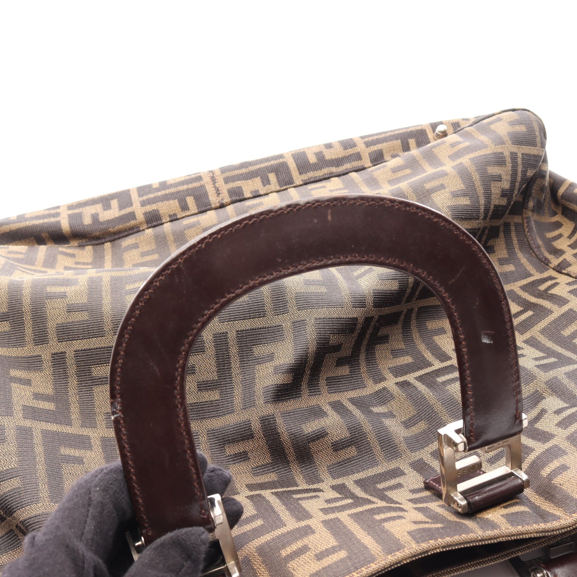 ズッカ ハンドバッグ トートバッグ キャンバス レザー ブラウン ダークブラウン フェンディ バッグ FENDI