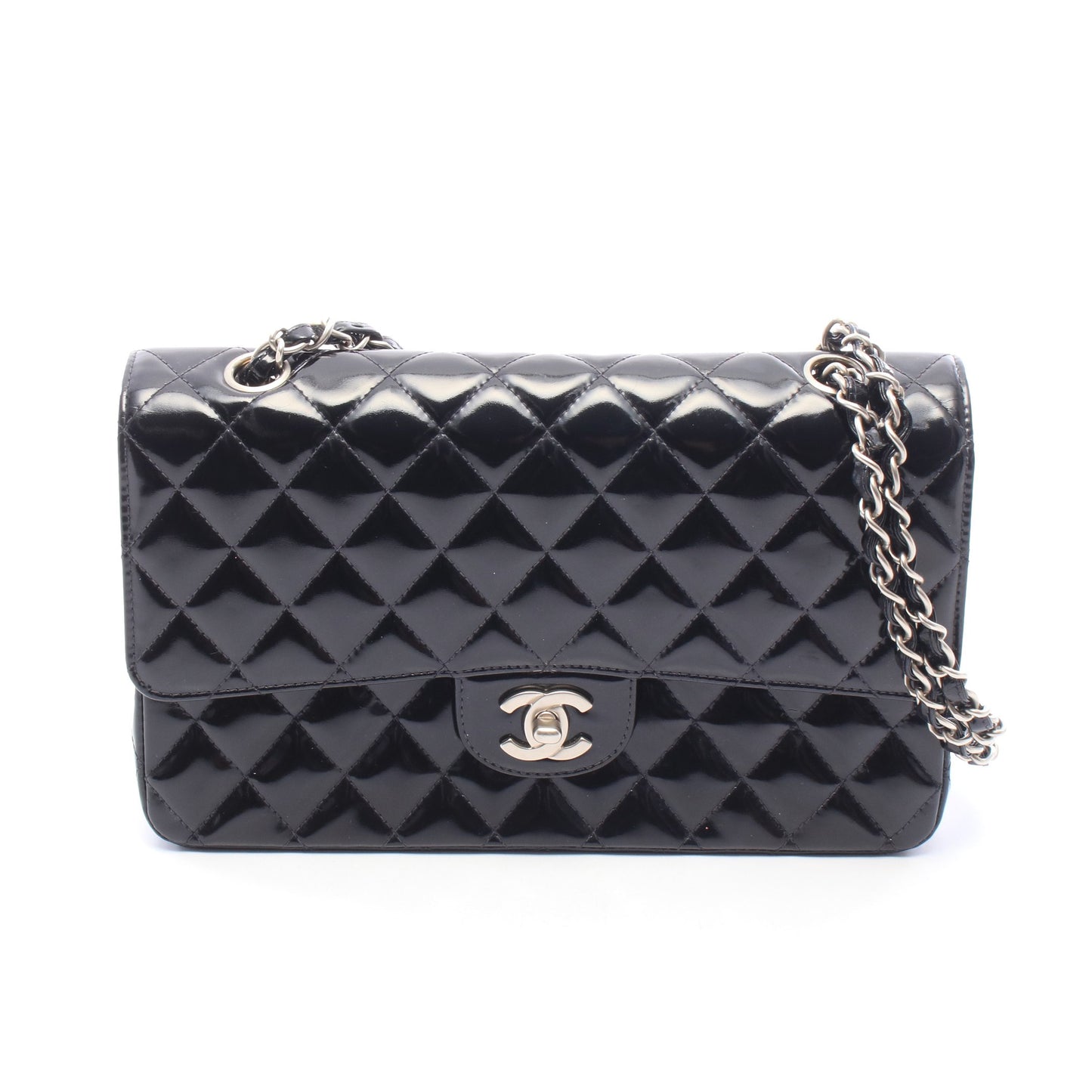 マトラッセ Wフラップ Wチェーンショルダーバッグ エナメルレザー ブラック シルバー金具 シャネル バッグ CHANEL