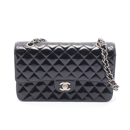 マトラッセ Wフラップ Wチェーンショルダーバッグ エナメルレザー ブラック シルバー金具 シャネル バッグ CHANEL