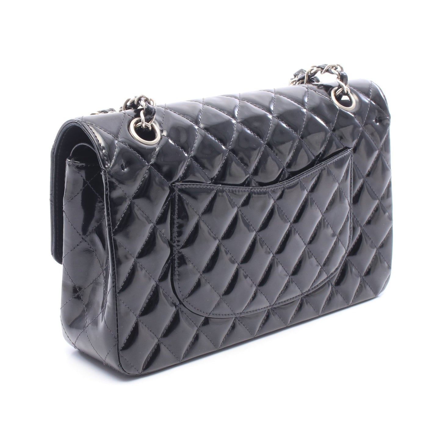 マトラッセ Wフラップ Wチェーンショルダーバッグ エナメルレザー ブラック シルバー金具 シャネル バッグ CHANEL