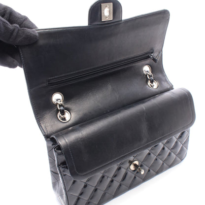 マトラッセ Wフラップ Wチェーンショルダーバッグ エナメルレザー ブラック シルバー金具 シャネル バッグ CHANEL