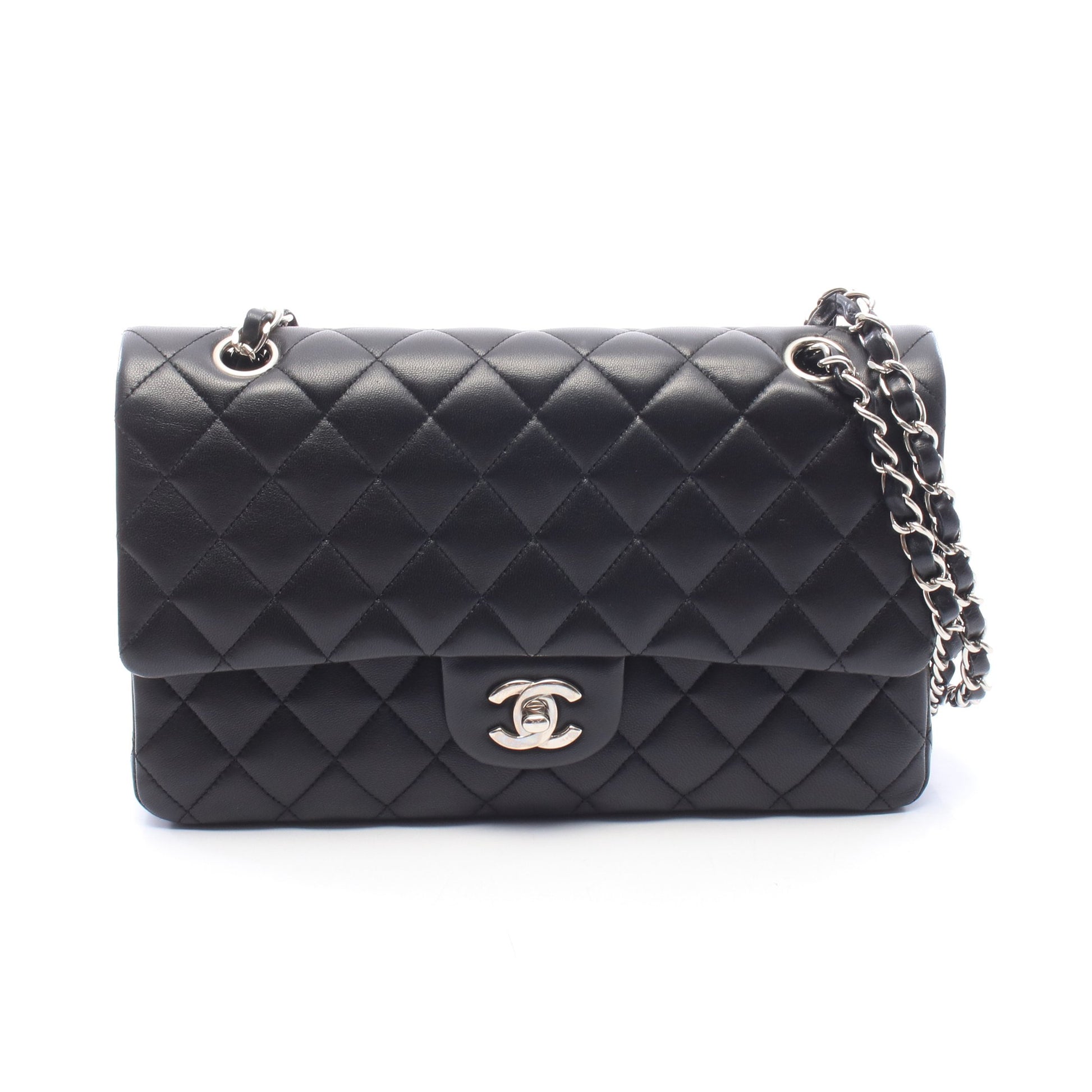 マトラッセ Wフラップ Wチェーンショルダーバッグ ラムスキン ブラック シルバー金具 シャネル バッグ CHANEL