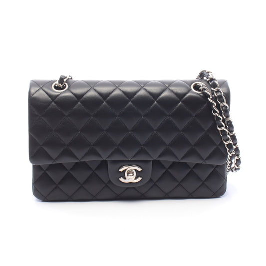 マトラッセ Wフラップ Wチェーンショルダーバッグ ラムスキン ブラック シルバー金具 シャネル バッグ CHANEL