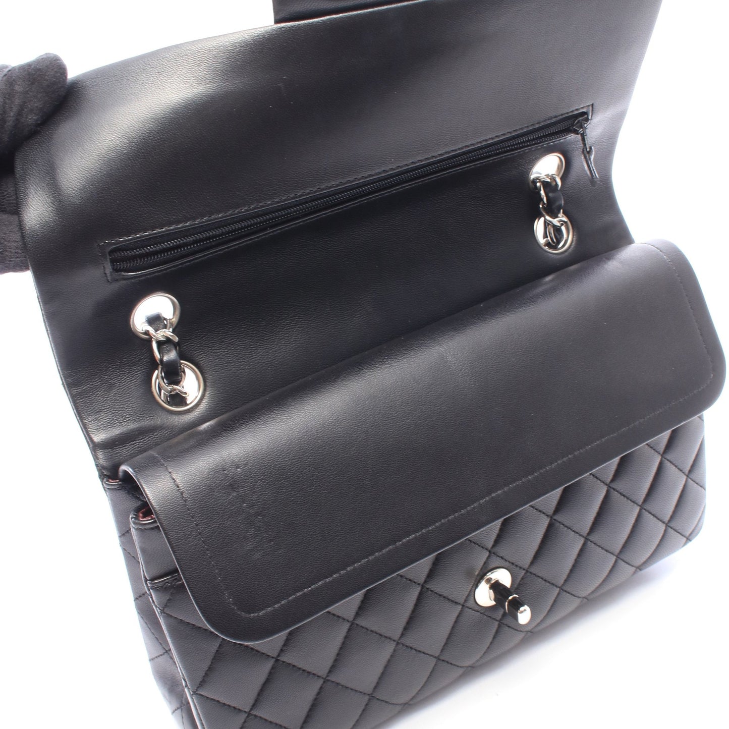 マトラッセ Wフラップ Wチェーンショルダーバッグ ラムスキン ブラック シルバー金具 シャネル バッグ CHANEL