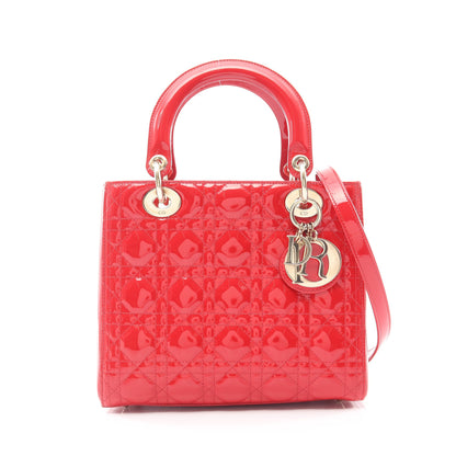 LADY DIOR レディディオール カナージュ 2WAY ハンドバッグ エナメルレザー レッド クリスチャンディオール