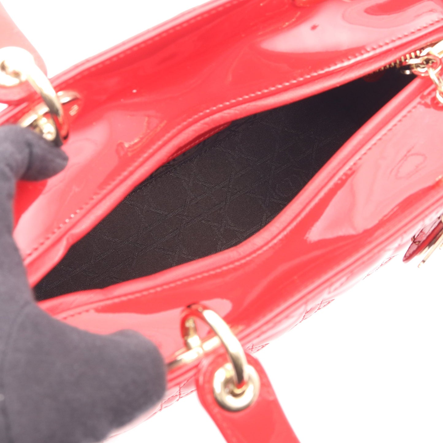 LADY DIOR レディディオール カナージュ 2WAY ハンドバッグ エナメルレザー レッド クリスチャンディオール