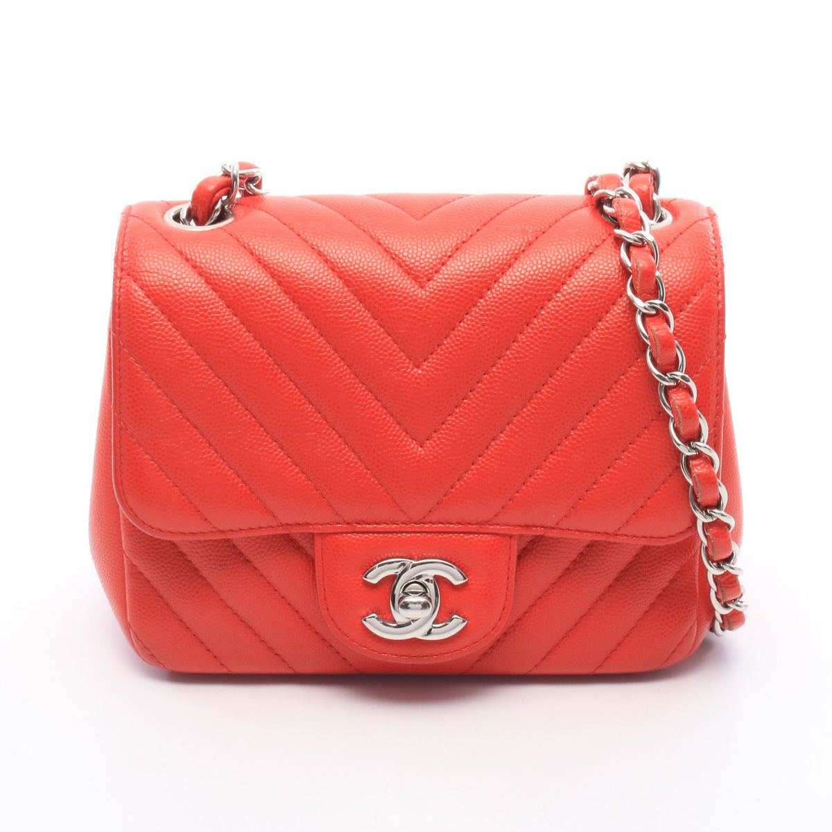 シェブロン Vステッチ ミニ 20 チェーンショルダーバッグ キャビアスキン レッド シルバー金具 シャネル バッグ CHANEL