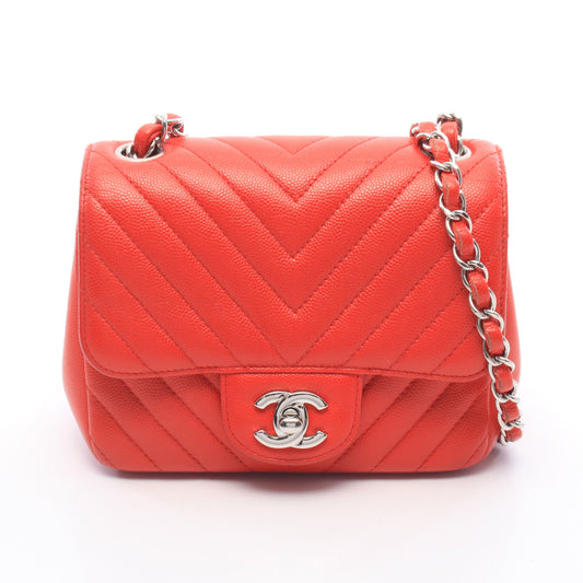 シェブロン Vステッチ ミニ 20 チェーンショルダーバッグ キャビアスキン レッド シルバー金具 シャネル バッグ CHANEL