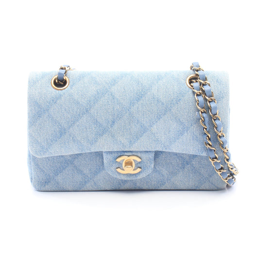 マトラッセ Wフラップ Wチェーンショルダーバッグ デニム レザー ブルー ゴールド金具 シャネル バッグ CHANEL