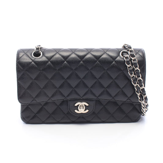 マトラッセ Wフラップ Wチェーンショルダーバッグ キャビアスキン ブラック シルバー金具 シャネル バッグ CHANEL