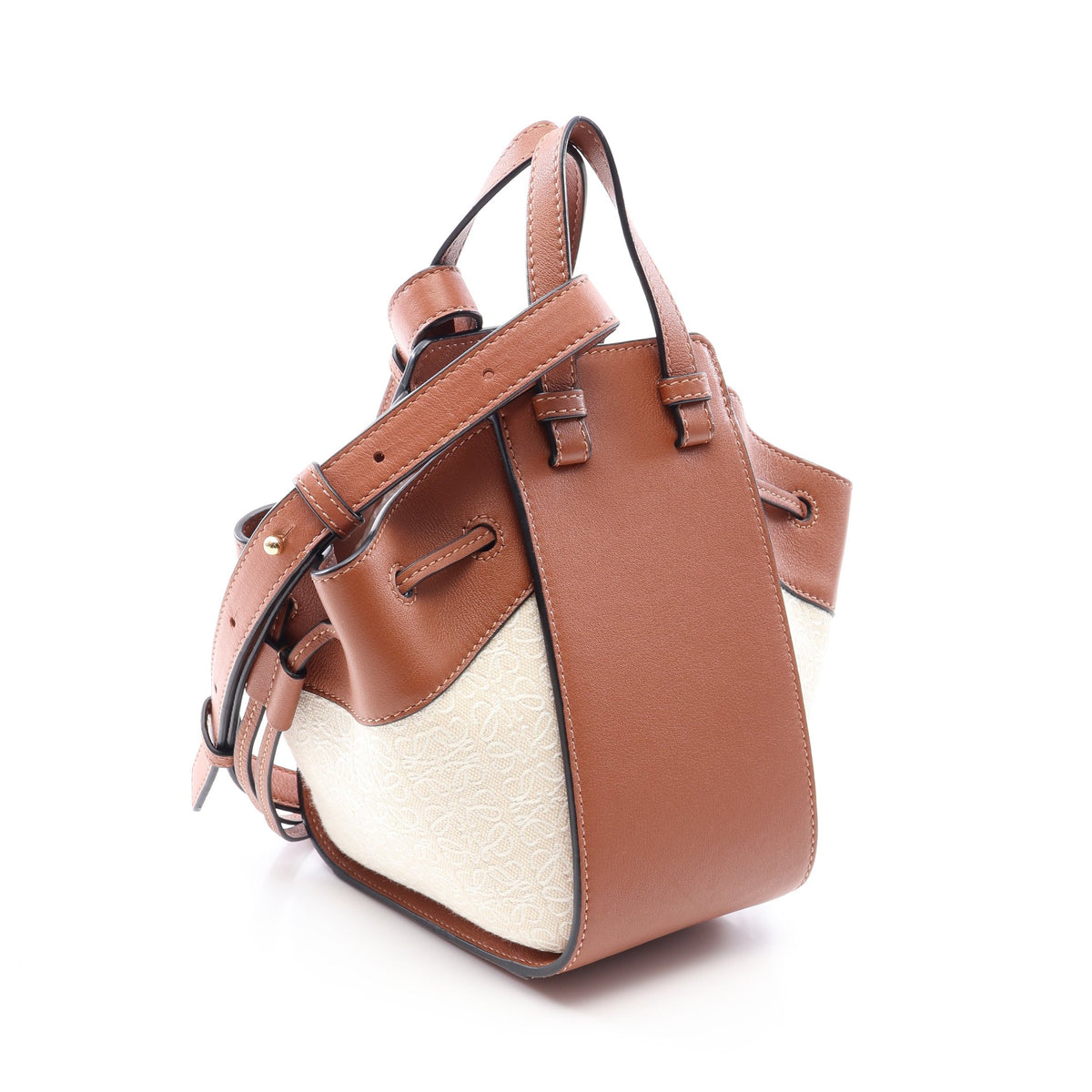ハンモック ドローストリングバッグ ミニ 2WAY ハンドバッグ キャンバスレザー ブラウン アイボリー ロエベ バッグ LOEWE