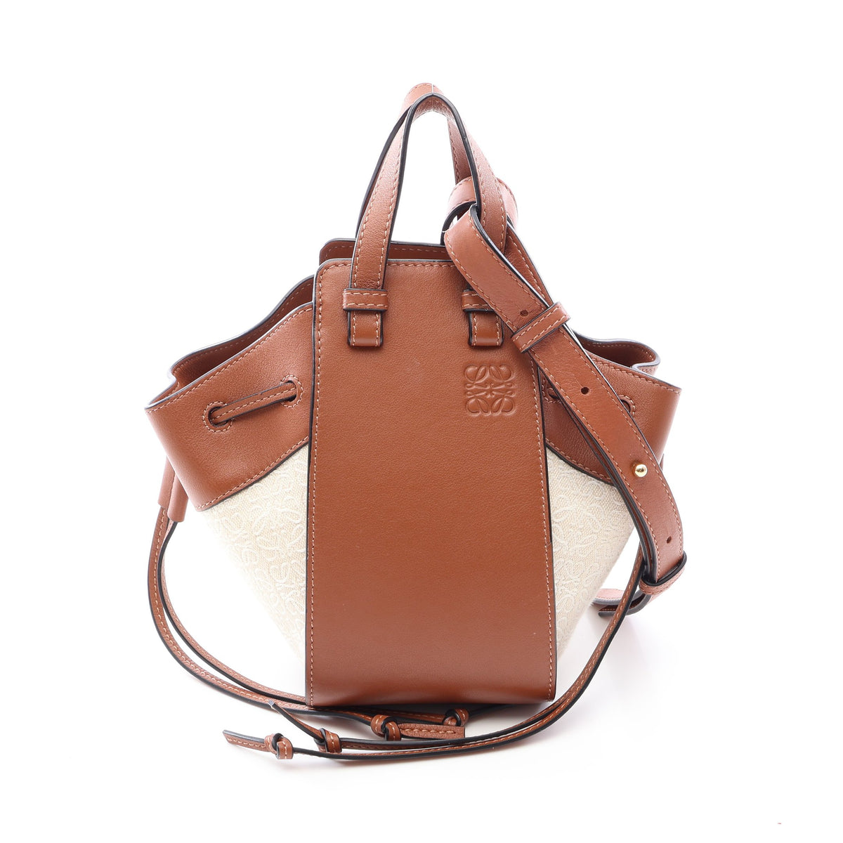 ハンモック ドローストリングバッグ ミニ 2WAY ハンドバッグ キャンバスレザー ブラウン アイボリー ロエベ バッグ LOEWE