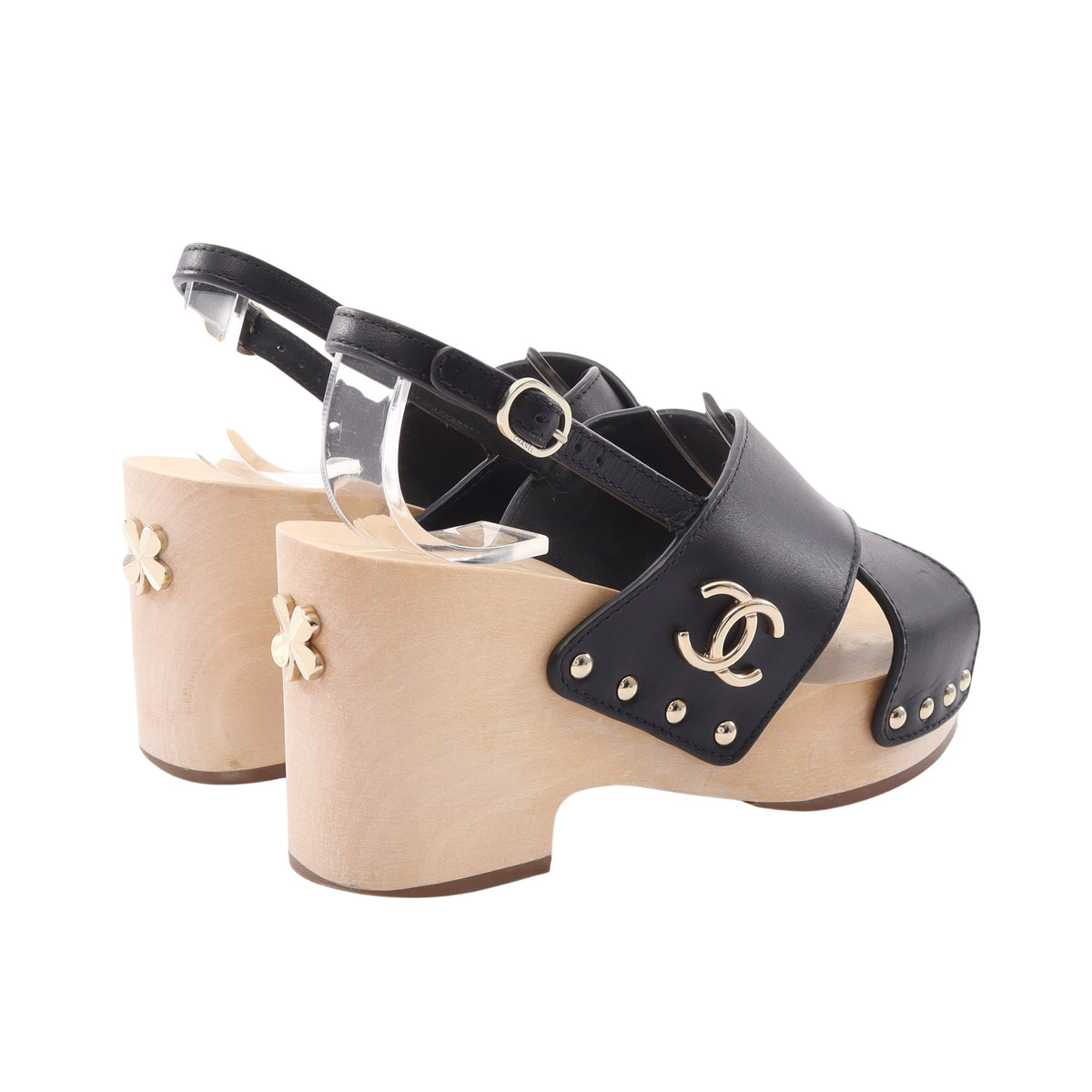 ココマーク クローバー ウッドウェッジソール サンダル レザー ブラック シャネル シューズ CHANEL