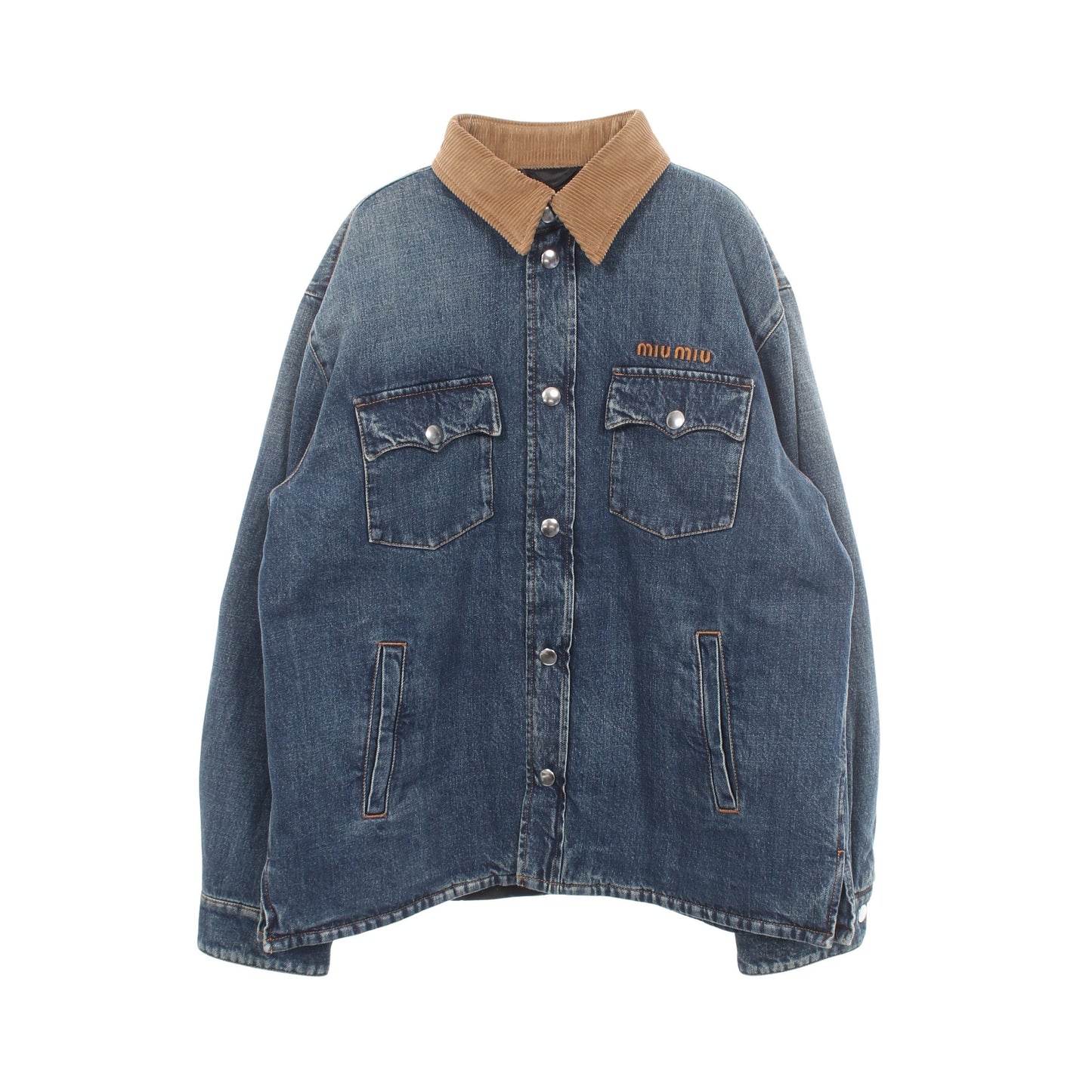 DENIM PIUMINO ウォッシュ加工 ダウンジャケット デニムジャケット コットン インディゴブルー ライトブラウン ミュウミュウ