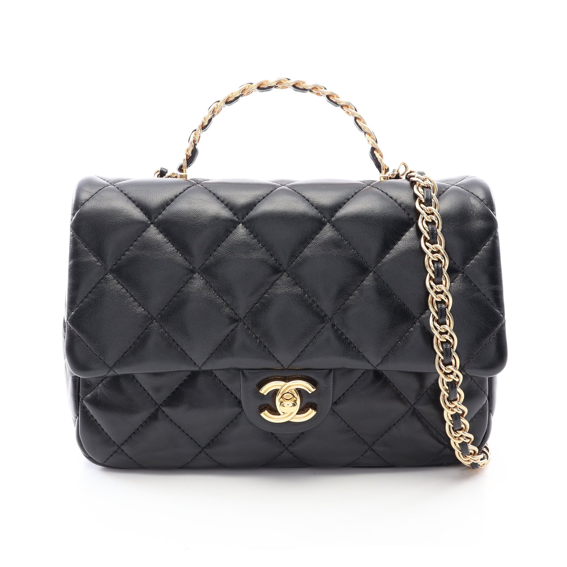マトラッセ トップハンドル 2WAY チェーンショルダーバッグ ラムスキン ブラック ゴールド金具 シャネル バッグ CHANEL