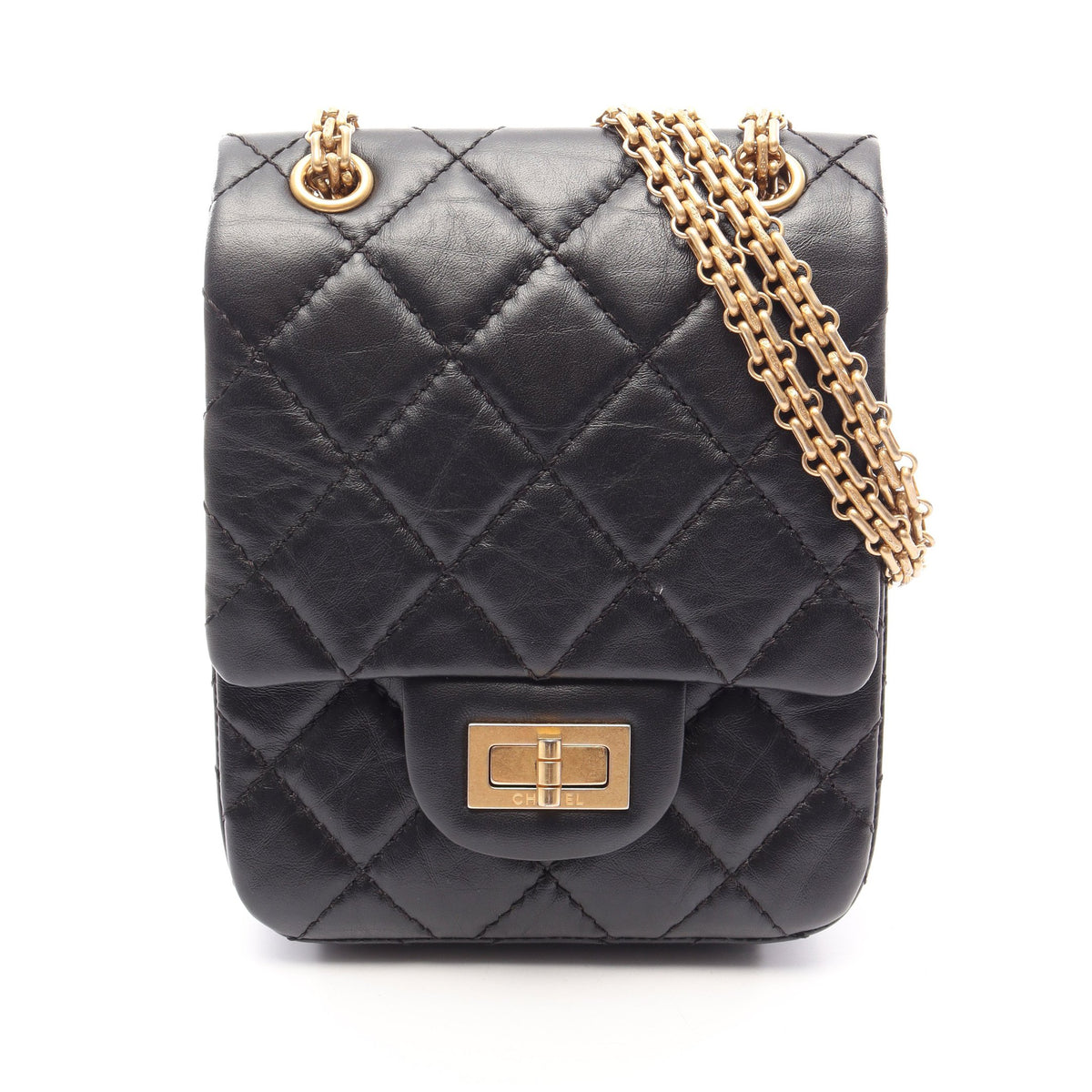 2.55 マトラッセ Wチェーンショルダーバッグ エイジドカーフスキン ブラック ゴールド金具 シャネル バッグ CHANEL