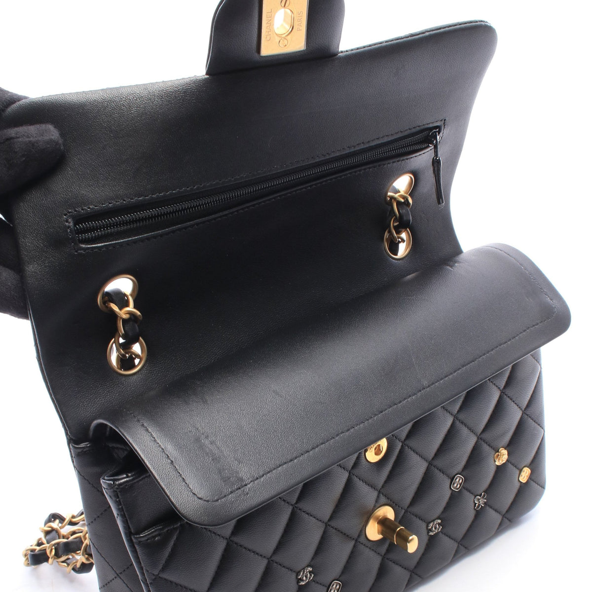 マトラッセ Wフラップ Wチェーンショルダーバッグ ラムスキン ブラック ゴールド金具 シャネル バッグ CHANEL