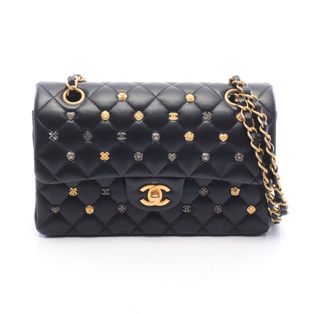 マトラッセ Wフラップ Wチェーンショルダーバッグ ラムスキン ブラック ゴールド金具 シャネル バッグ CHANEL