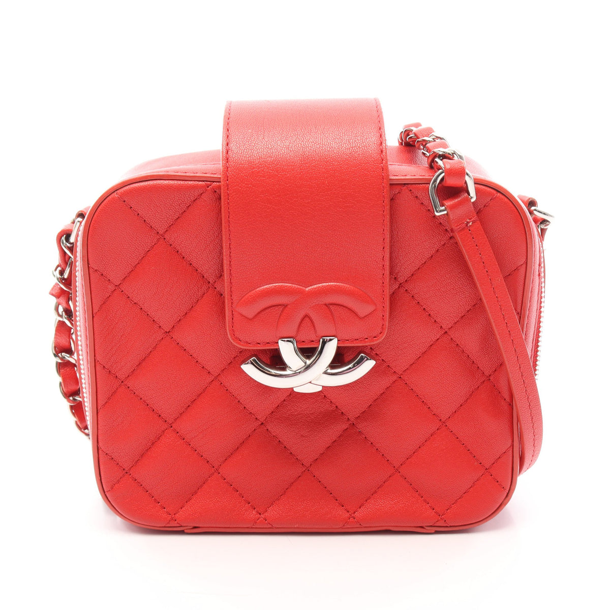 マトラッセ ハーフココ カメラバッグ チェーンショルダーバッグ レザー レッド シルバー金具 シャネル バッグ CHANEL