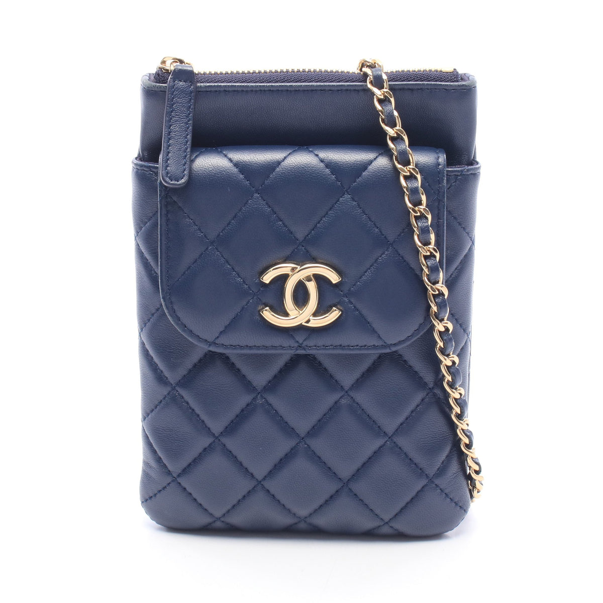 マトラッセ フォンケース チェーンショルダーバッグ ラムスキン ネイビー ゴールド金具 シャネル バッグ CHANEL