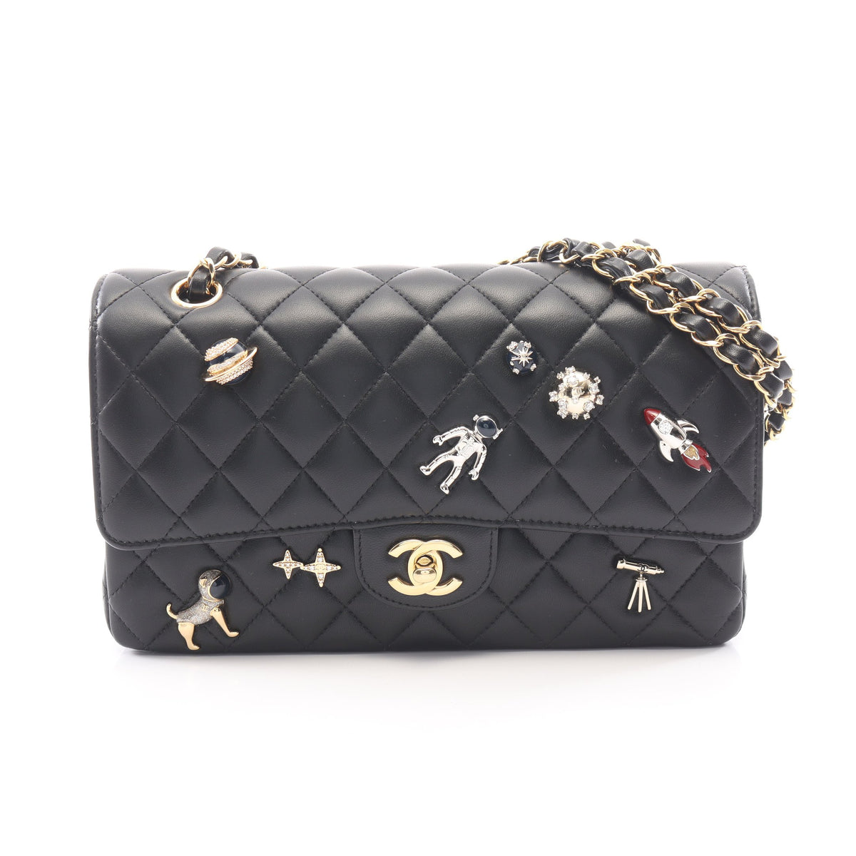 マトラッセ Wフラップ 宇宙アイコン Wチェーンショルダーバッグ ラムスキン ブラック ゴールド金具 シャネル バッグ CHANEL
