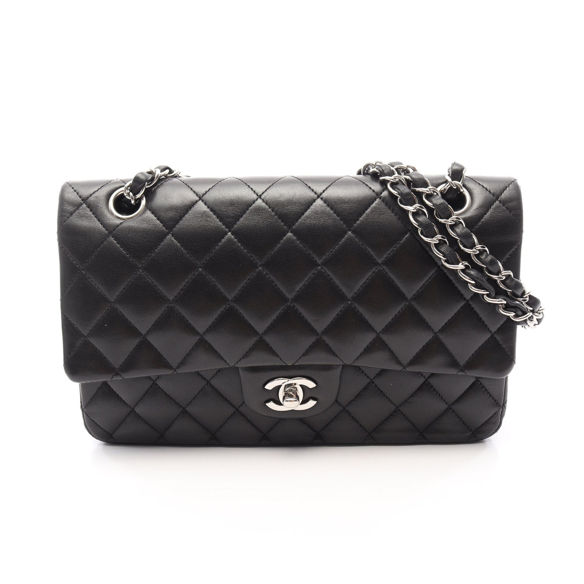 マトラッセ Wフラップ Wチェーンショルダーバッグ ラムスキン ブラック シルバー金具 シャネル バッグ CHANEL