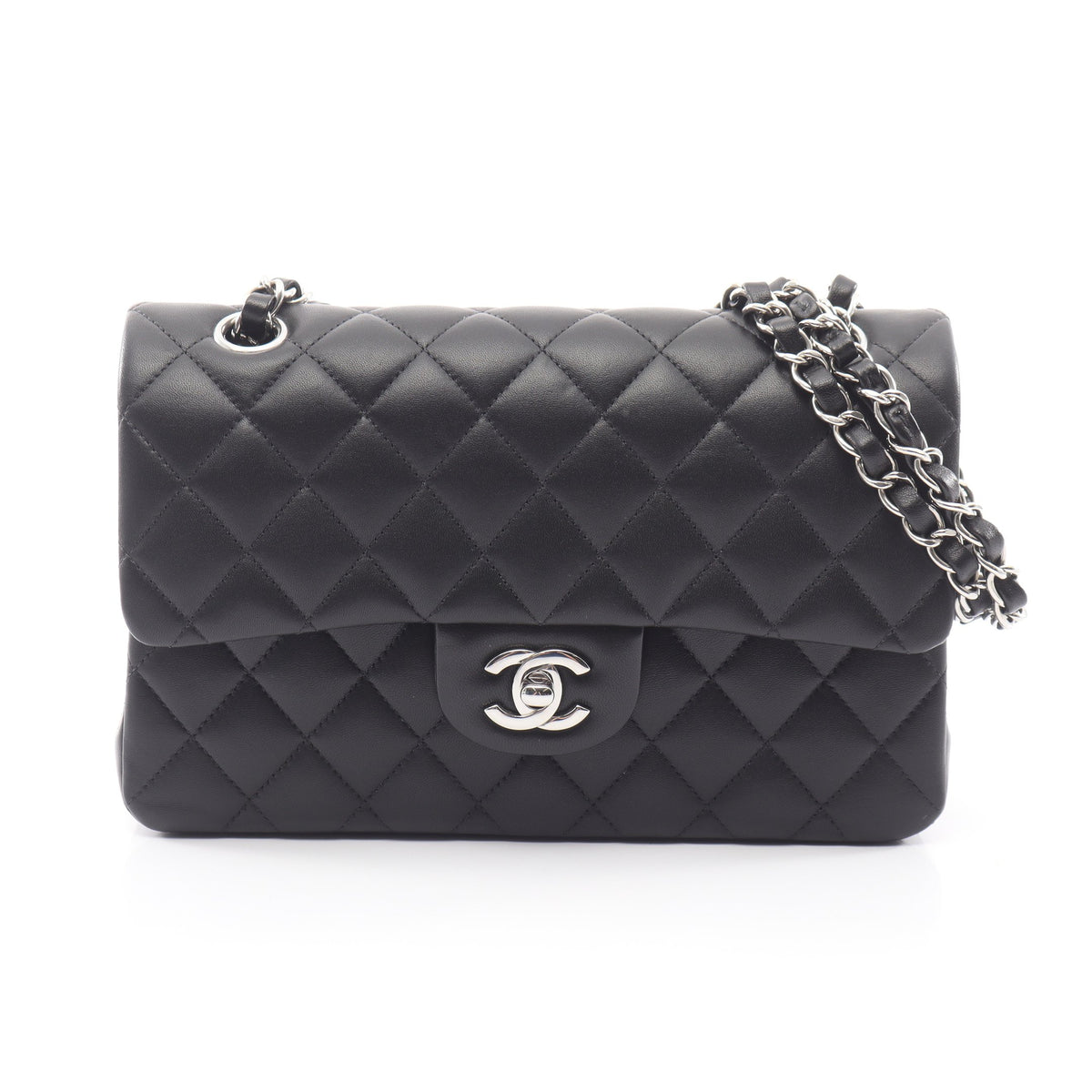 マトラッセ Wフラップ Wチェーンショルダーバッグ ラムスキン ブラック シルバー金具 シャネル バッグ CHANEL