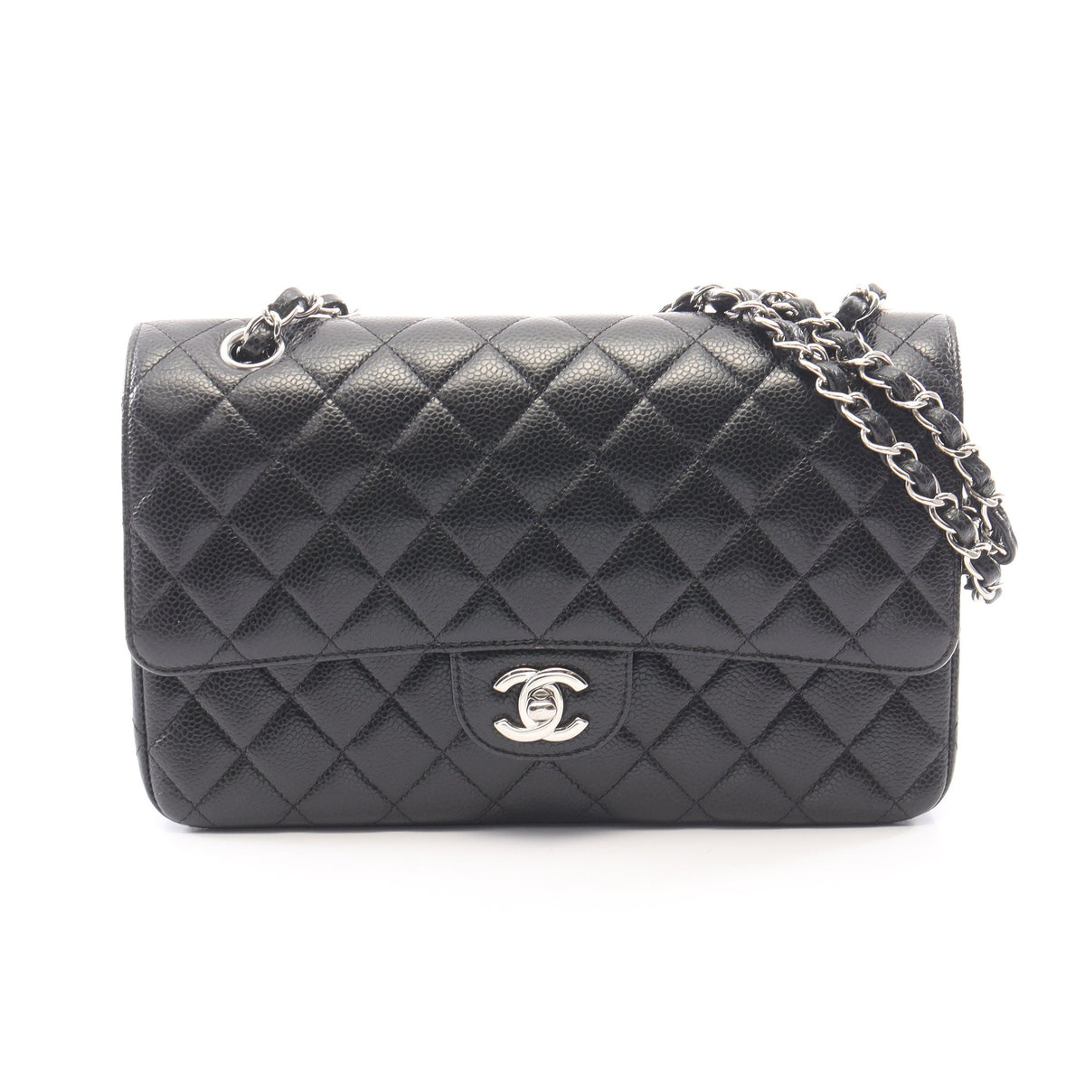 マトラッセ Wフラップ Wチェーンショルダーバッグ キャビアスキン ブラック シルバー金具 シャネル バッグ CHANEL