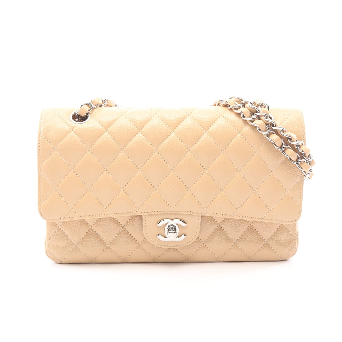 マトラッセ Wフラップ Wチェーンショルダーバッグ キャビアスキン ベージュ シルバー金具 シャネル バッグ CHANEL