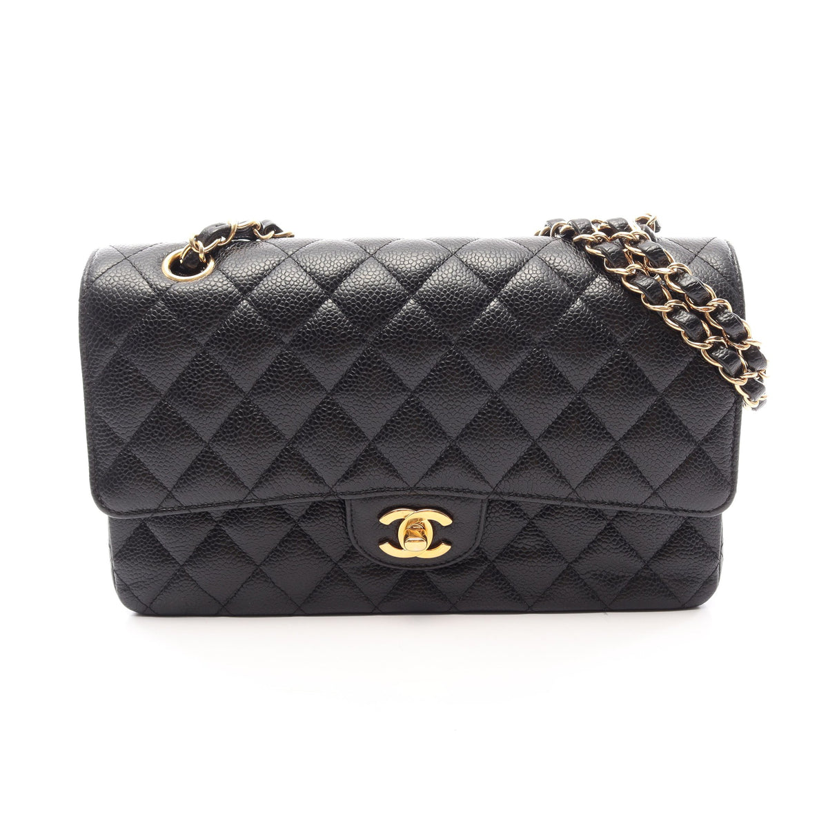 マトラッセ Wフラップ Wチェーンショルダーバッグ キャビアスキン ブラック ゴールド金具 シャネル バッグ CHANEL