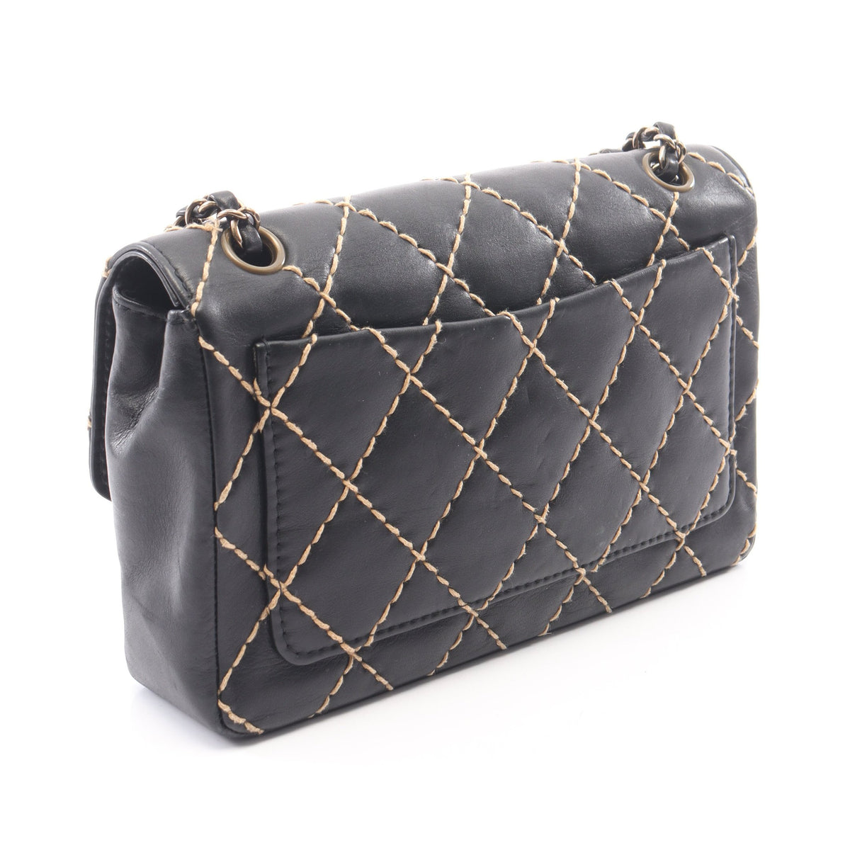 ワイルドステッチ Wチェーンショルダーバッグ ラムスキン ブラック ゴールド金具 シャネル バッグ CHANEL