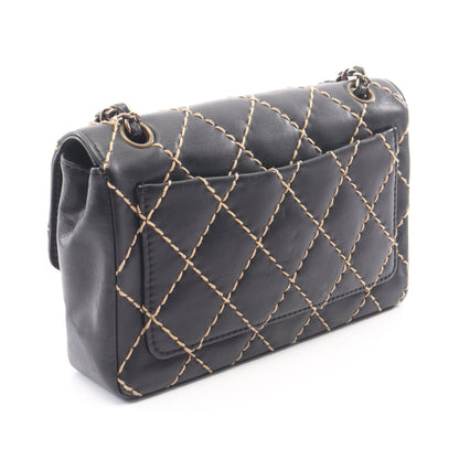 ワイルドステッチ Wチェーンショルダーバッグ ラムスキン ブラック ゴールド金具 シャネル バッグ CHANEL