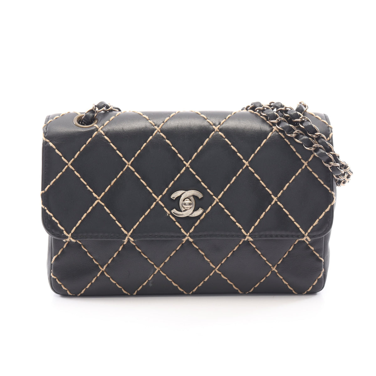 ワイルドステッチ Wチェーンショルダーバッグ ラムスキン ブラック ゴールド金具 シャネル バッグ CHANEL