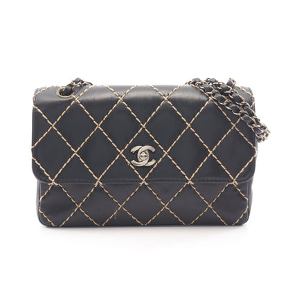 ワイルドステッチ Wチェーンショルダーバッグ ラムスキン ブラック ゴールド金具 シャネル バッグ CHANEL